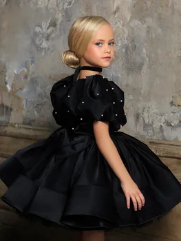 Элегантное черное тюлевое пышное платье для девочек в цветочек длиной до колен с аппликацией из жемчуга, платье для вечеринки в честь Первого Евхаристического дня рождения ребенка
