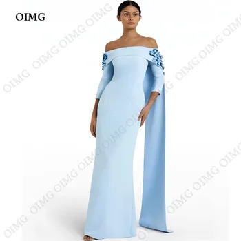 Элегантные вечерние платья OIMG небесно-голубого цвета с открытыми плечами, платья для выпускного вечера с 3D цветами, атласное кружевное вечернее платье для вечеринки, Дубай, женщины