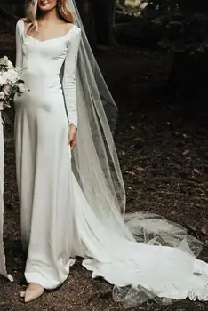 Элегантные длинные свадебные платья из атласа с V-образным вырезом и рукавами трапециевидной формы цвета слоновой кости на молнии длиной до пола для женщин