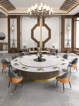 Электрический обеденный стол в отеле, большой круглый стол, обеденный стол с каменной плитой, вилла в элитном частном номере, автоматический поворотный стол