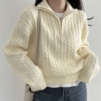 Южная Корея, Шикарные осенне-зимние нишевые пуловеры с отворотом, наполовину застегивающиеся на молнию, с узором из конопли, Свободные универсальные вязаные свитера, верхняя одежда для женщин